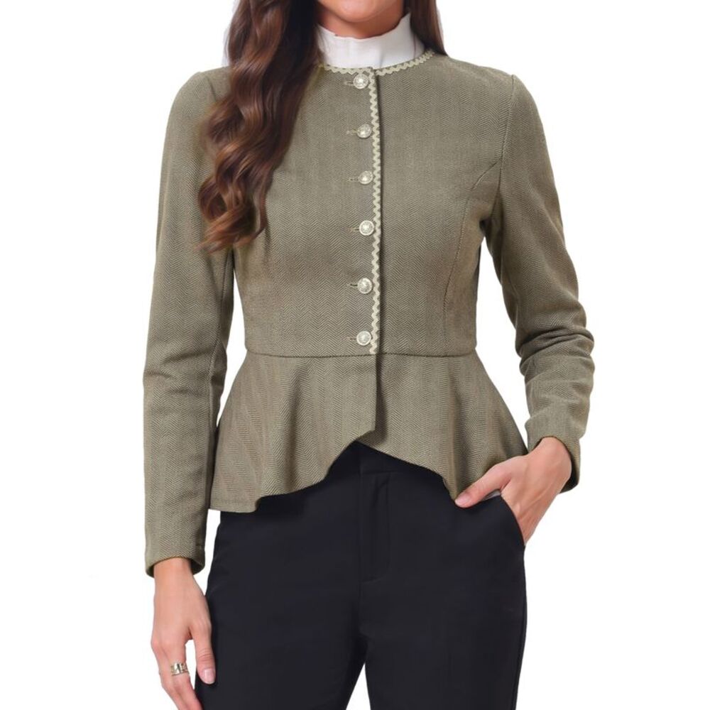 Womens Herringbone Ruffled Hem Business Casual Work Jackets Brown Khaki